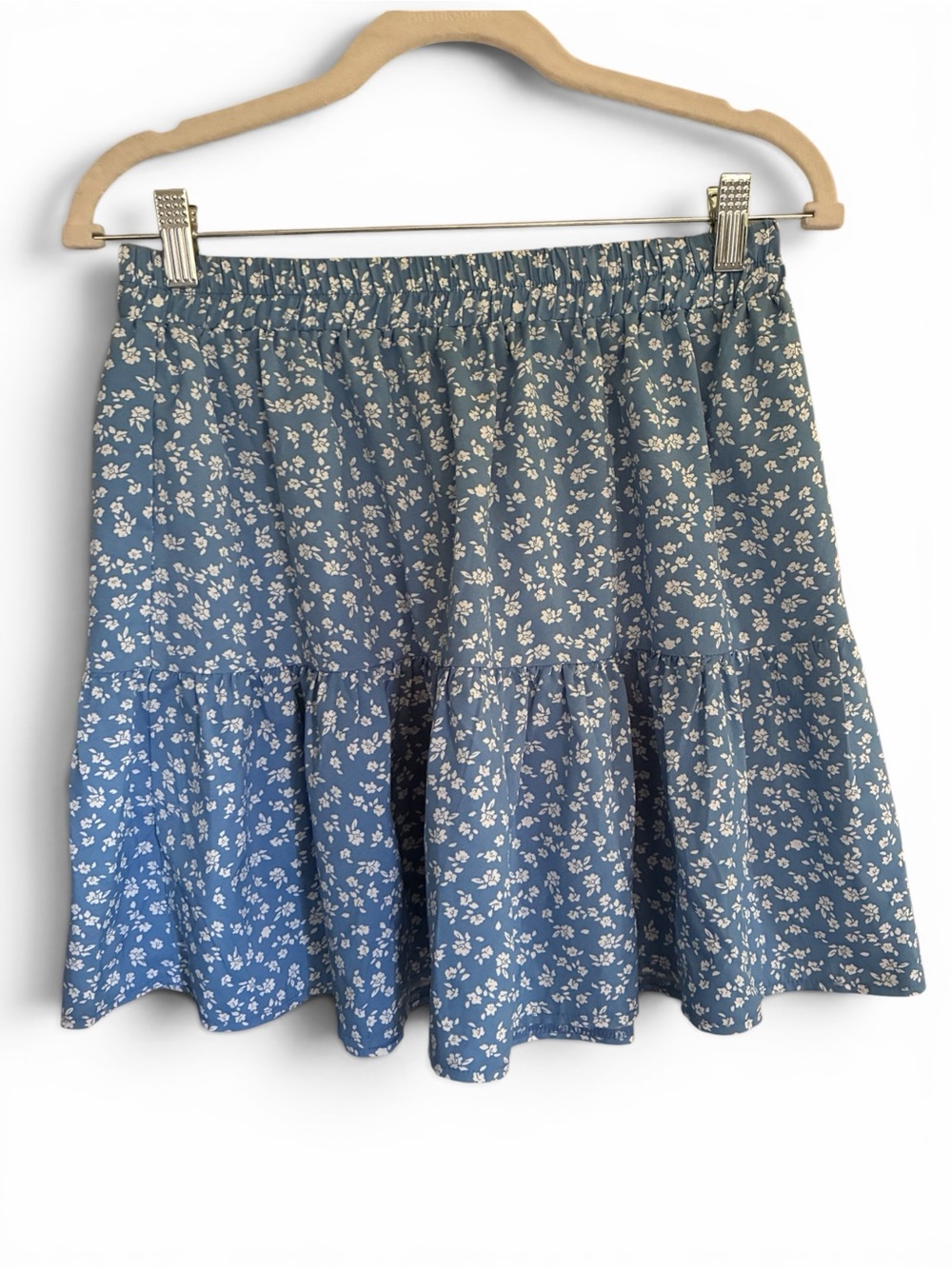Light Blue Ditsy Floral Prairie Peasant Coquette Women's Tiered Mini Skirt Sz L